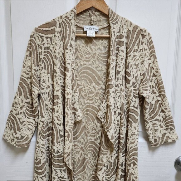 Camille & Co Cardigan Sweater Women S Cream Floral Lace Mesh Open Waterfall Boho - Picture 3 of 9